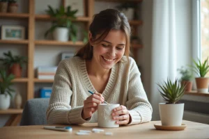 Jeune femme peignant un pot de fleurs blanc avec un motif géométrique