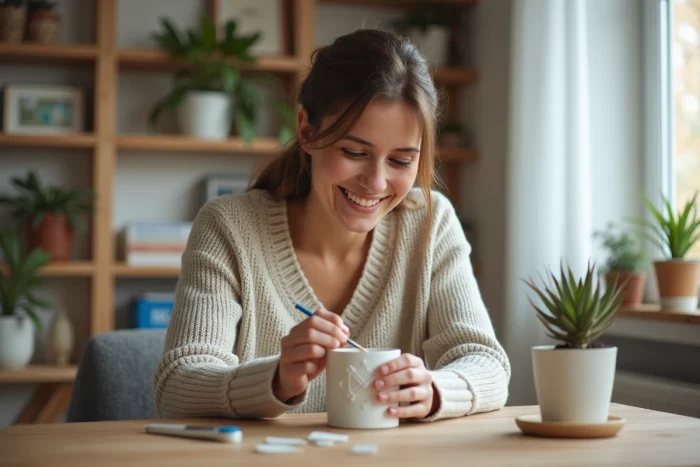 Jeune femme peignant un pot de fleurs blanc avec un motif géométrique