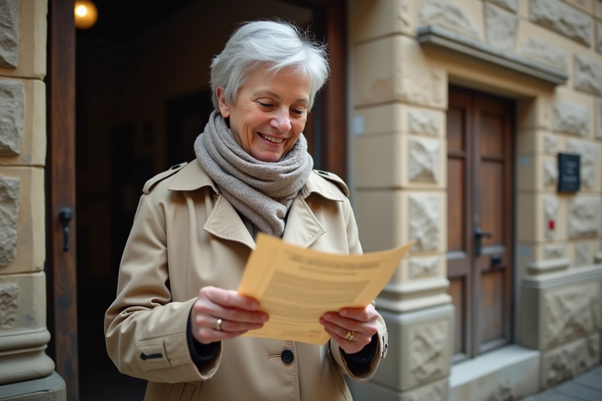 Femme regardant un permis de construire devant une vieille mairie