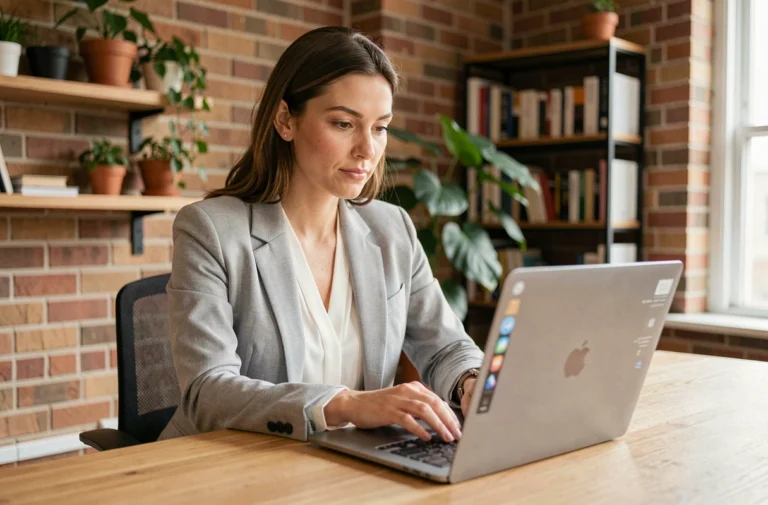 Femme professionnelle publiant une petite annonce gratuite en ligne depuis son bureau à domicile