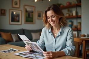 Femme souriante feuilletant des photos de famille à la maison