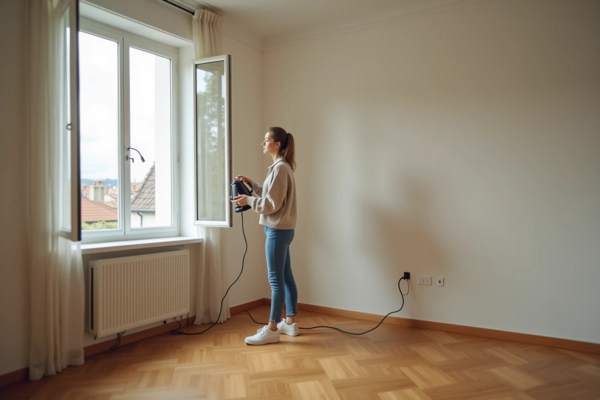 Jeune femme regardant une prise électrique dans un appartement vide