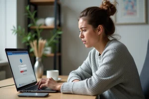 Femme frustrée face à une erreur de connexion sur la plateforme Eduservices depuis son bureau à domicile
