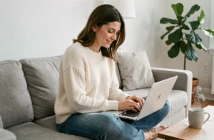 Femme parcourant des annonces immobilières en ligne sur un ordinateur portable depuis son salon moderne et confortable