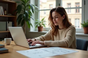 Femme consultant des annonces immobilières en ligne sur un ordinateur portable dans un bureau à domicile moderne