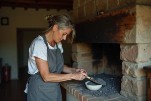 Femme récupérant des cendres dans une cheminée en pierre d'une maison rustique avec une pelle en métal