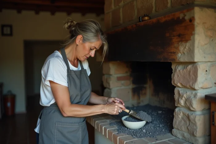Femme récupérant des cendres dans une cheminée en pierre d'une maison rustique avec une pelle en métal