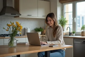 Jeune femme réservant ses vacances sur un ordinateur portable