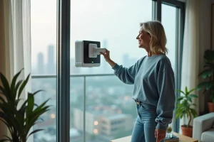 Femme souriante observant un robot de nettoyage de fenetre