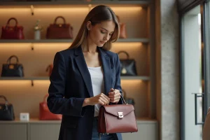 Femme inspectant un sac à main en boutique élégante