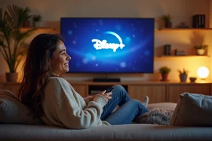 Jeune femme regardant la télévision avec Disney Plus