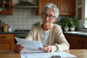 Femme âgée de 75 ans consultant des documents immobiliers à sa table de cuisine avant de vendre sa maison