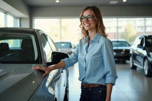 Femme souriante examinant une voiture neuve dans un showroom automobile moderne