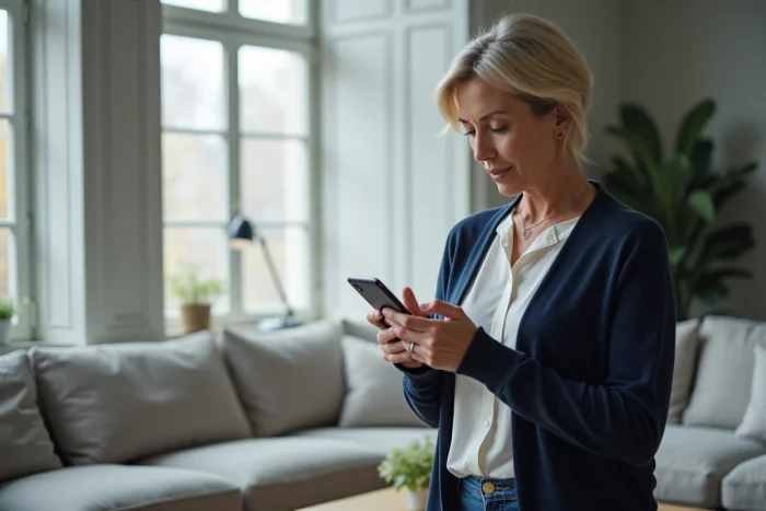 Femme utilisant son smartphone pour contacter le service client Damart en ligne depuis son salon
