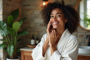 Femme souriante appliquant une huile visage bio