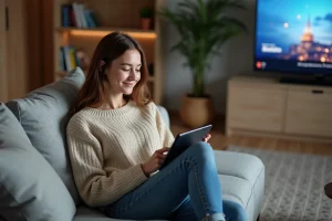 Jeune femme détendue regardant une tablette dans un salon cosy