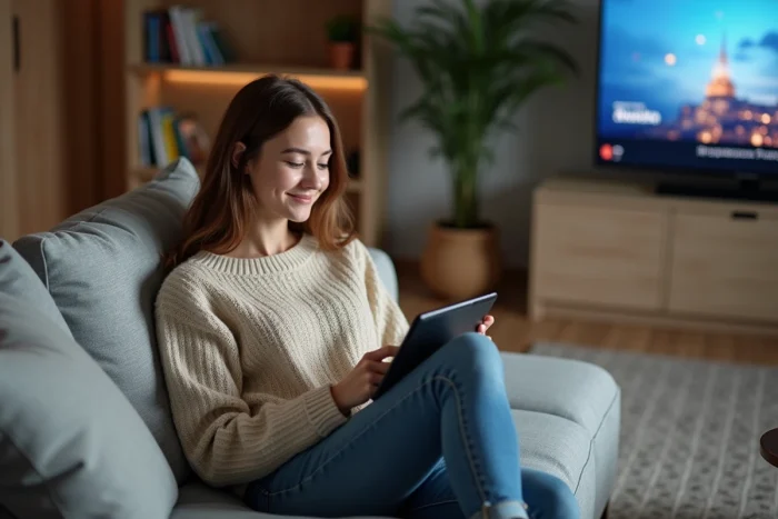 Jeune femme détendue regardant une tablette dans un salon cosy