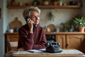 Femme d'une cinquantaine d'années téléphonant au service client Damart depuis sa cuisine à domicile