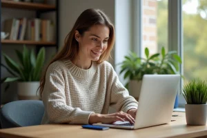 Femme au bureau moderne explore des ressources web