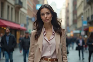 Femme confiante dans la ville avec tenue élégante