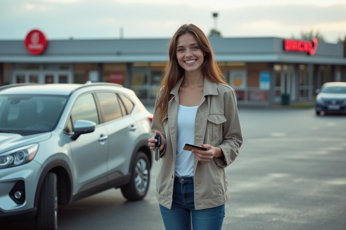 Jeune femme avec clés de voiture dans un parking de supermarche
