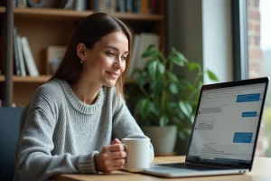 Femme utilisant WhatsApp Web sur un ordinateur portable depuis son bureau à domicile