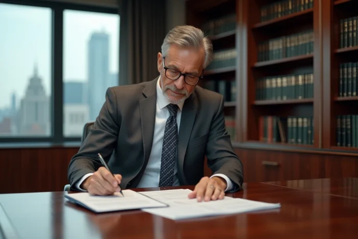 Homme d'affaires prospère en costume gris consultant des documents financiers dans un bureau exécutif luxueux, illustrant la fortune de Roger Erhart en 2024