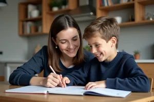 Garçon souriant de 10 ans faisant ses devoirs à la maison