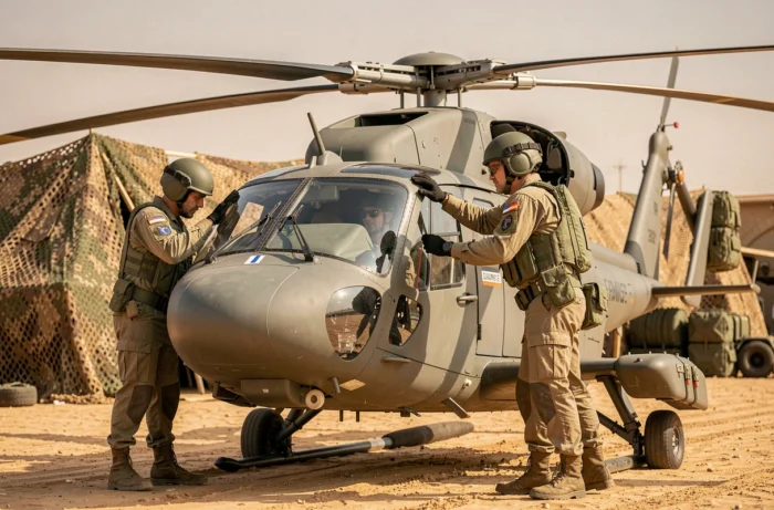Hélicoptère militaire Caracal H225M de l'Armée française en inspection pré-vol sur une base opérationnelle au Sahel