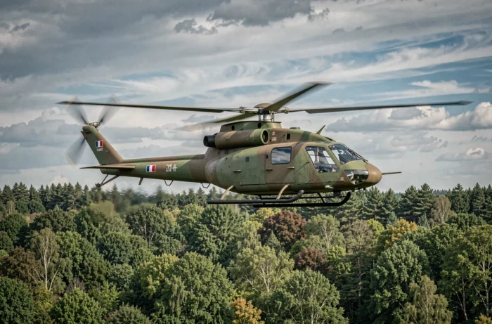 Hélicoptère Gazelle de l'Armée de Terre française en vol au-dessus d'une forêt lors d'une mission militaire
