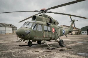 Hélicoptère militaire français des années 1950 avec marquage Force Aérienne sur tarmac historique en France