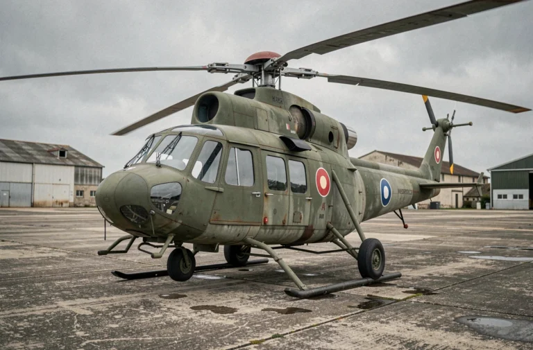Hélicoptère militaire français des années 1950 avec marquage Force Aérienne sur tarmac historique en France