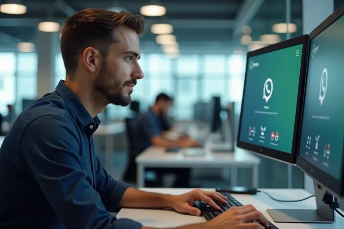 Homme passant un appel WhatsApp Web depuis un ordinateur de bureau en open space professionnel
