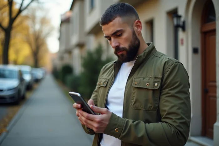 Homme consultant une application d'assurance Previlion sur smartphone en extérieur