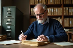 Homme d'âge moyen étudiant des papiers anciens dans un bureau d'archives