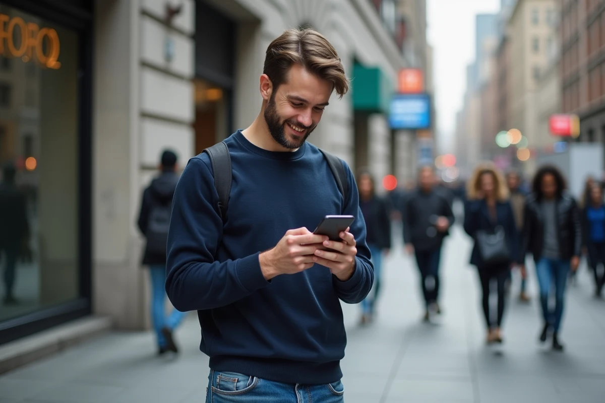 Homme décontracté vérifiant ses alertes emploi dans la ville