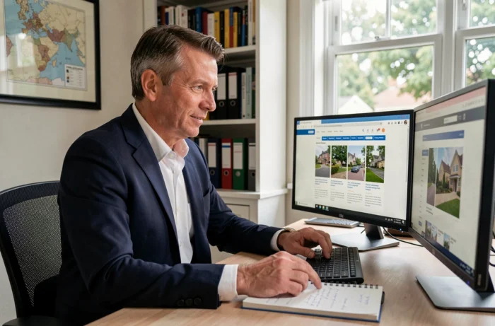 Homme en blazer comparant des annonces immobilières sur un double écran dans un bureau à domicile organisé