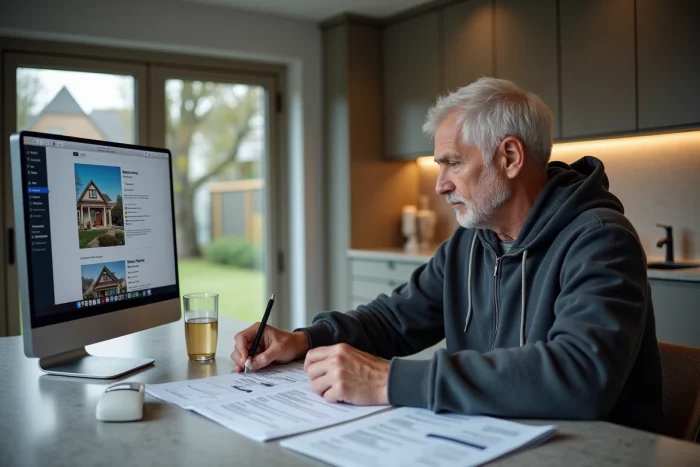 Homme comparant des annonces immobilières imprimées et en ligne depuis sa cuisine pour préparer un achat immobilier