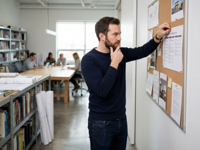 Homme analysant des programmes de formation en design d'intérieur sur un tableau de liège