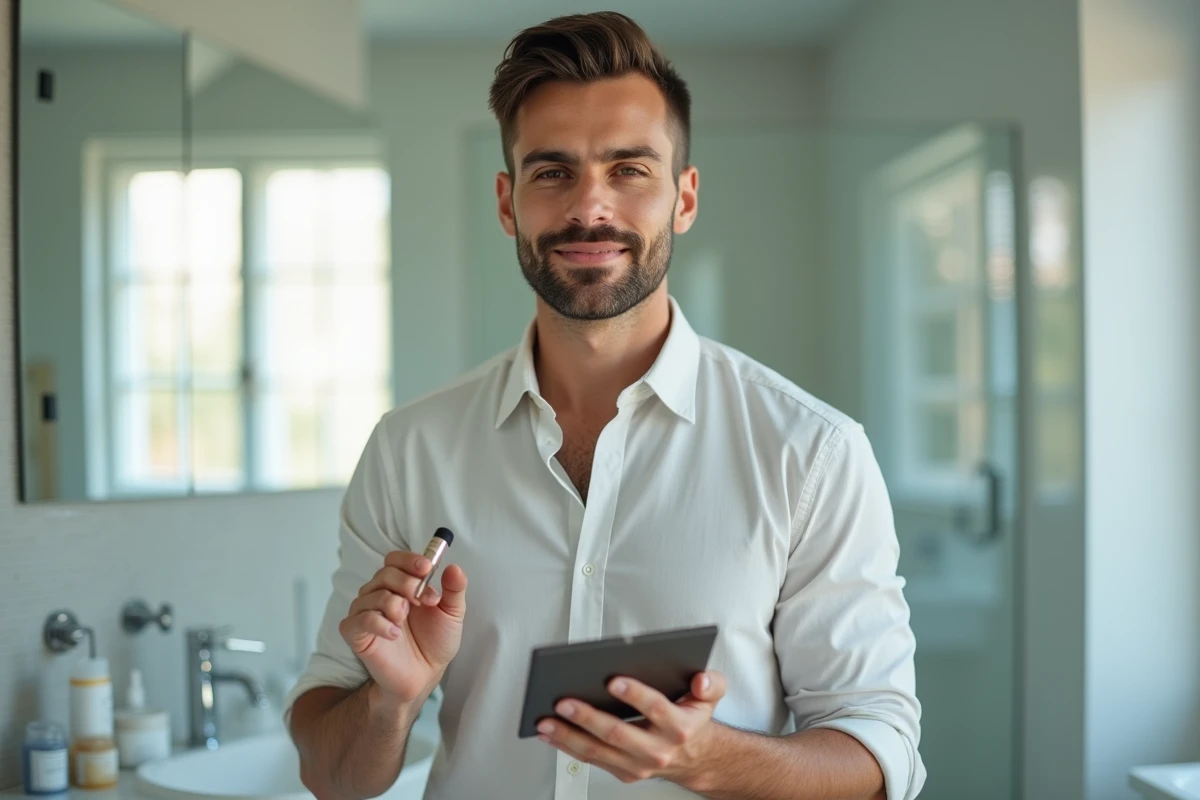 Homme appliquant du concealer dans une salle de bain lumineuse
