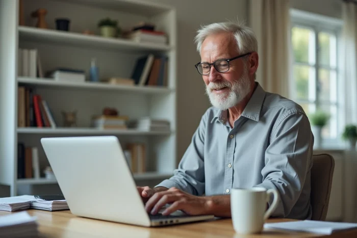 Homme senior contactant le service client Damart par email depuis son bureau à domicile