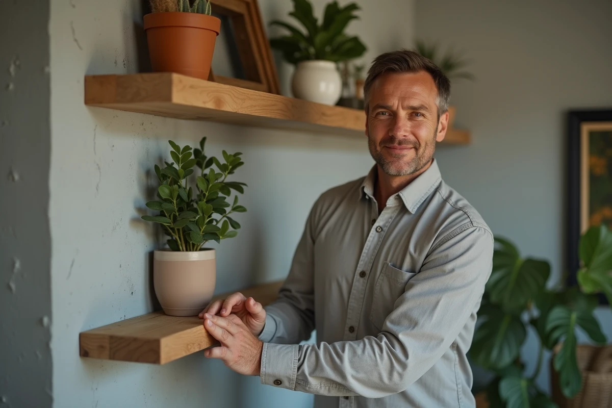 Homme moyen âge fixant des étagères en bois recyclé dans le salon