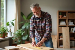 Homme mesurant une planche en bois dans un salon lumineux