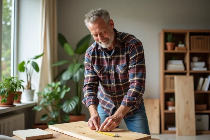 Homme mesurant une planche en bois dans un salon lumineux