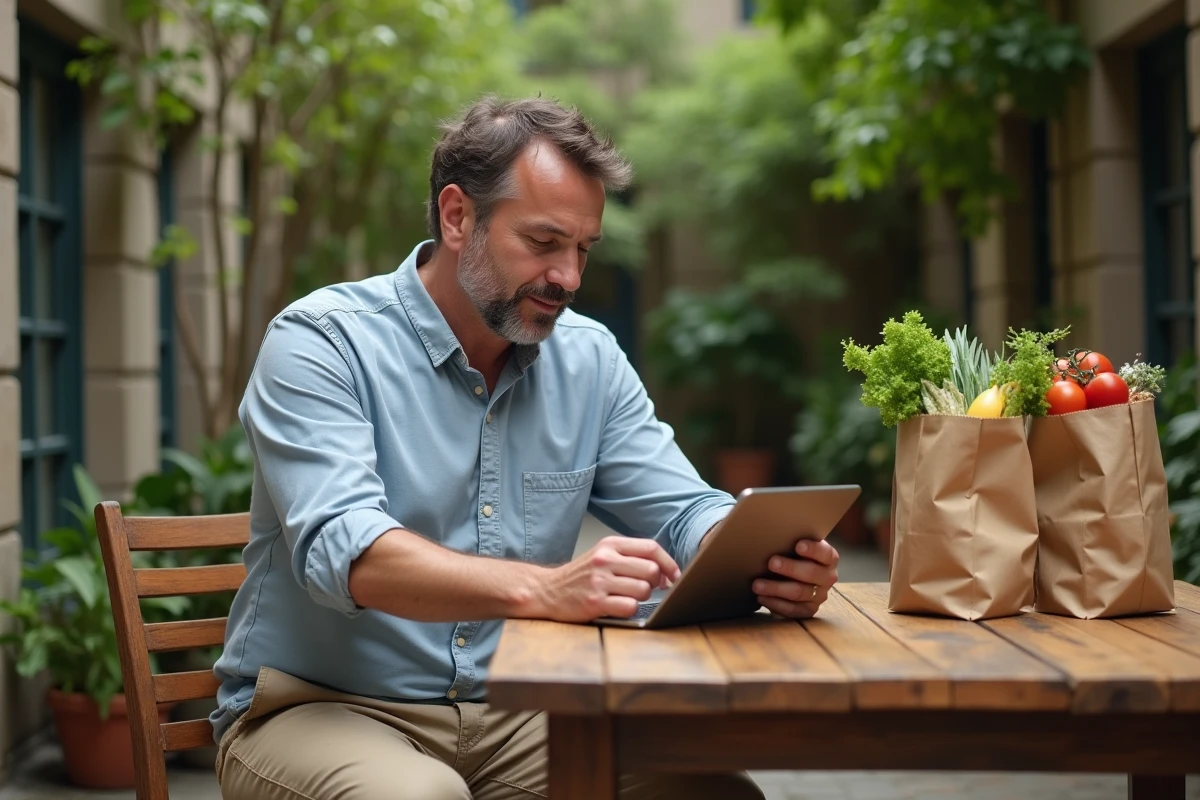 Homme regardant une boutique en ligne dans un patio urbain