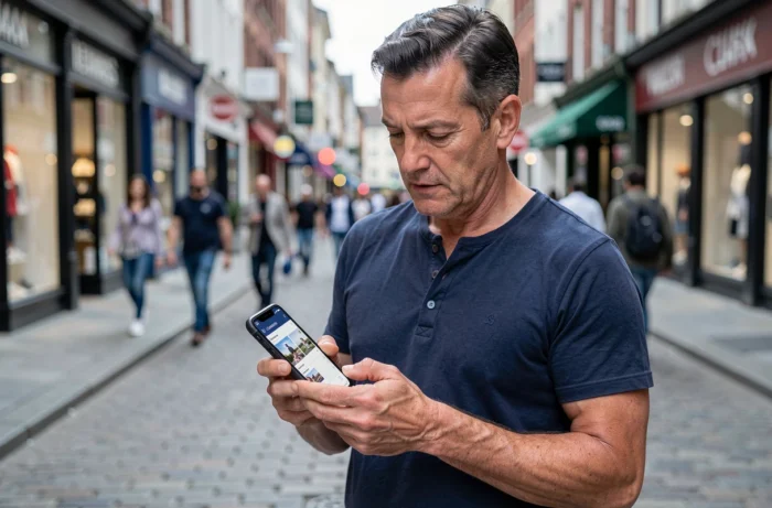 Homme consultant des petites annonces gratuites sur smartphone en pleine rue commerçante