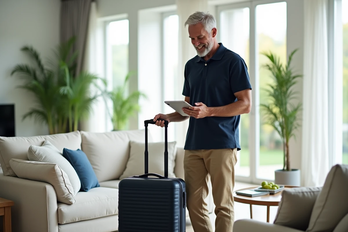 Homme préparant son voyage avec une valise dans un salon lumineux