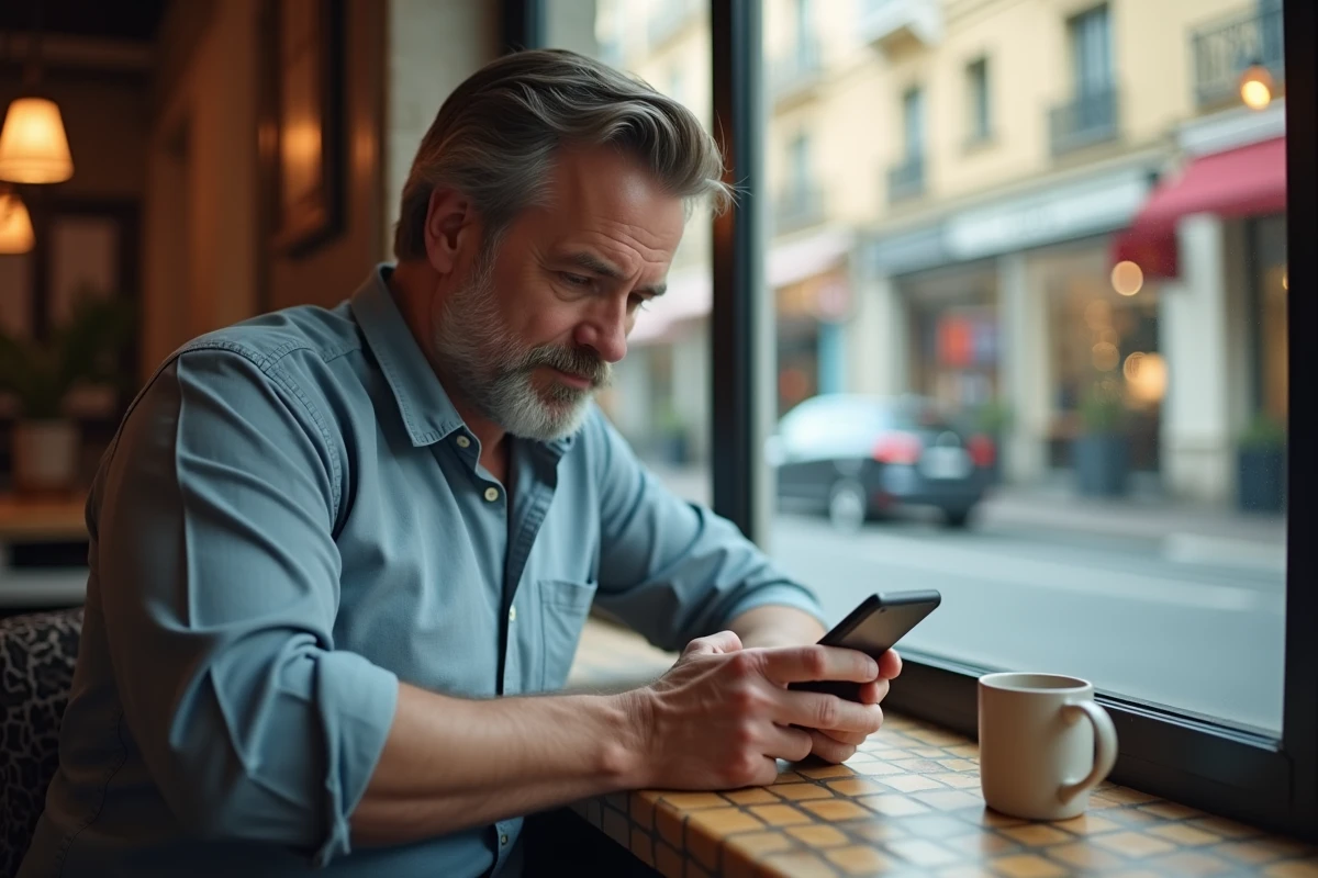 Homme utilisant son smartphone dans un café urbain