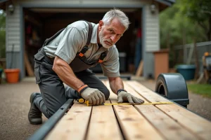 Homme en vêtements de travail mesurant des planches en extérieur