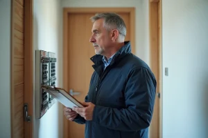 Homme vérifiant le tableau électrique dans un couloir lumineux
